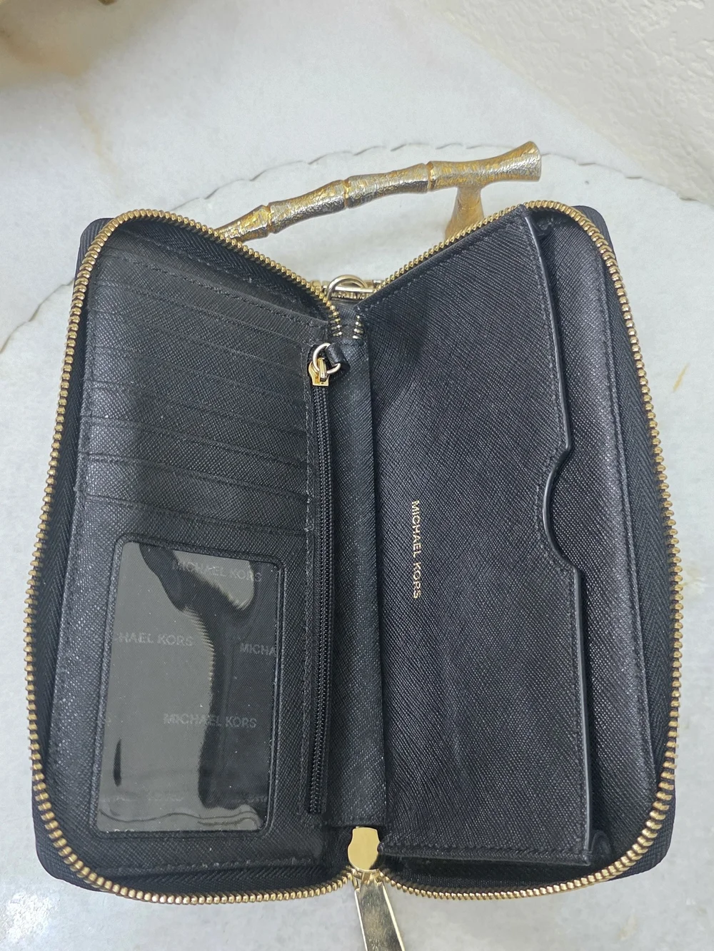 Michael Kors Jet Set Perforated Continental Wristlet Wallet Black Gold
